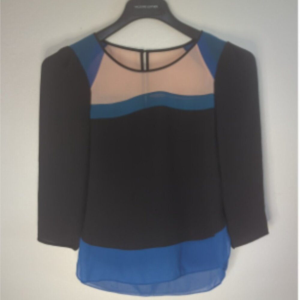 BCBG MAX AZRIA Womens XXS Black Blue 3/4 Sleeve Top Fairycore Coquette Blouse